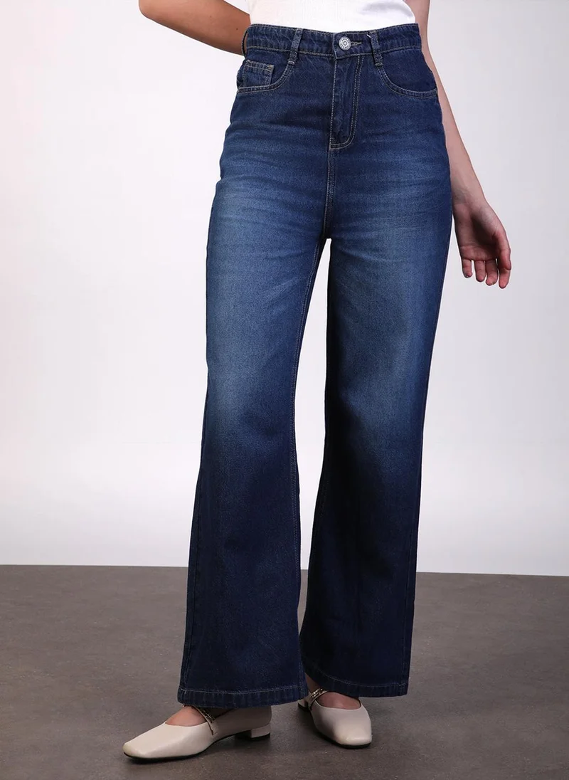 Urbano Fashion Women's Blue Regular Fit Wide Leg Washed Jeans